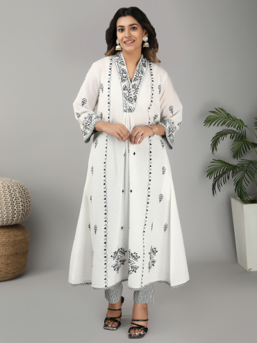 V-Neck Off-White Grey Cotton Dobby Kurta