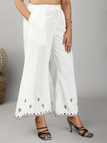 Off-White Cotton Dobby Palazzo with Grey Aari Embroidery