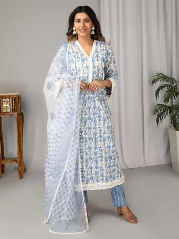 Off-White Blue Hand Block Printed V-Neck Kurta, Pant & Dupatta Set of 3