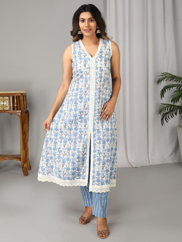 Off-White Blue Hand Block Printed V-Neck, Sleeve Less Kurta