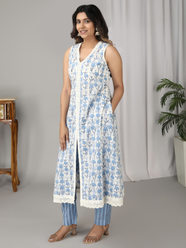 Off-White Blue Hand Block Printed V-Neck, Sleeve Less Kurta