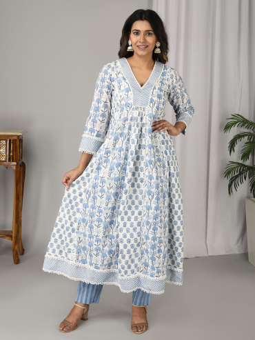 Off white Blue Hand Block Printed V-Neck, Yoke Front Gather Kurta