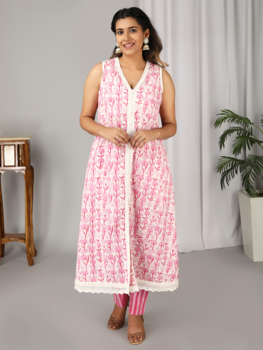 Off-White Pink Hand Block Printed V-Neck, Sleeve Less Kurta, Pant & Dupatta Set of 3