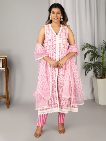 Off-White Pink Hand Block printed Organza Dupatta with Lace Details