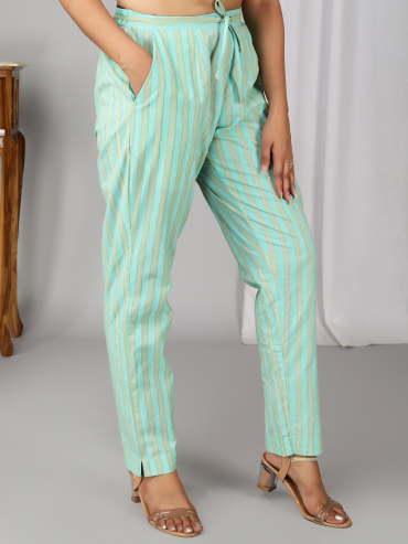 Green Hand Block Printed Tie-Up Waist & Back Elasticated Pant