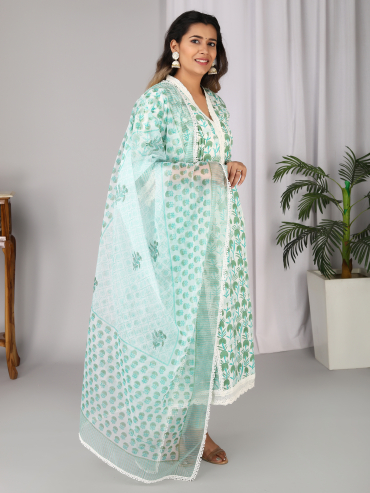 Off-White Green Hand Block printed Organza Dupatta with Lace Details