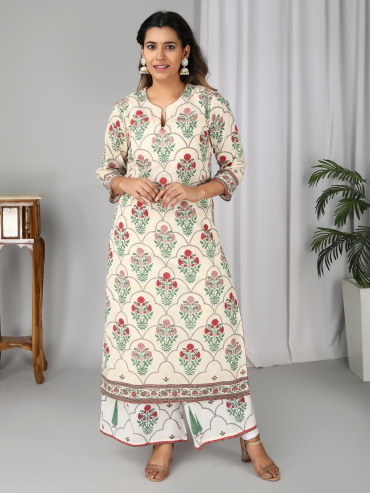 Off-White Red Hand Block Printed Cotton Round Neck Kurta