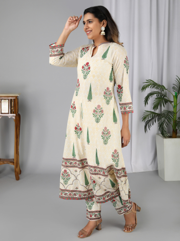 Off-White Red Hand Block Printed Cotton Anarkali Kurta