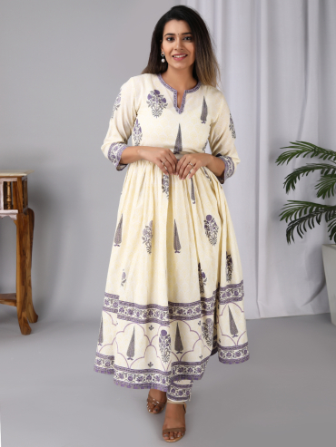 Off-White Purple Hand Block Printed Cotton Anarkali Kurta