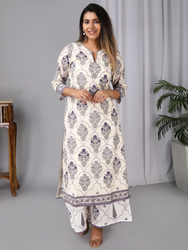 Off-White Purple Hand Block Printed Cotton Round Neck Kurta