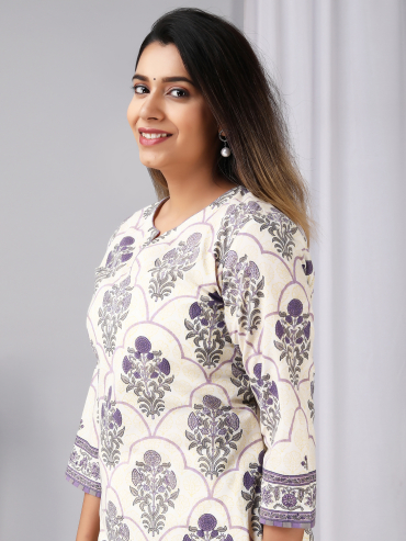 Off-White Purple Hand Block Printed Cotton Round Neck Kurta