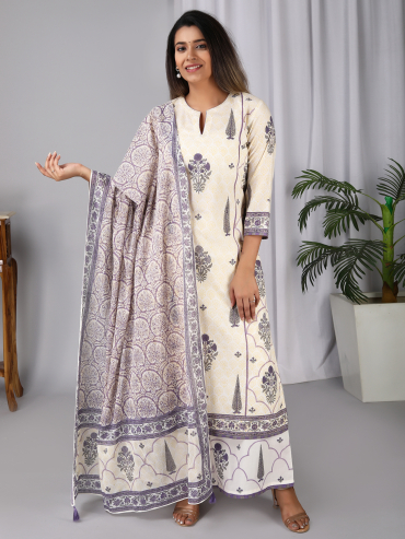 Off-White Purple Hand Block Printed Round Neck Kurta, Pants & Dupatta Set of 3