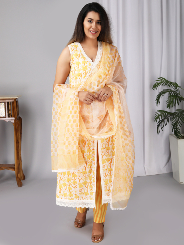 Off-White Yellow Hand Block printed Organza Dupatta with Lace Details