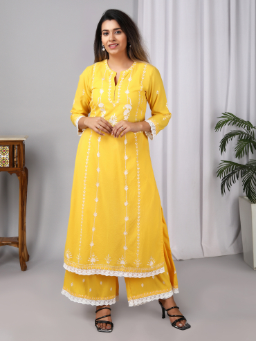 Yellow Aari Embroidery Round Neck Cotton kurta