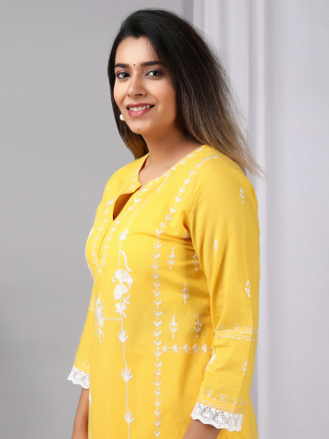 Yellow Aari Embroidery Round Neck Cotton kurta