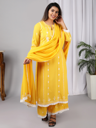 Yellow Aari Embroidery Round Neck Cotton kurta , Palazzo & Dupatta Set of 3