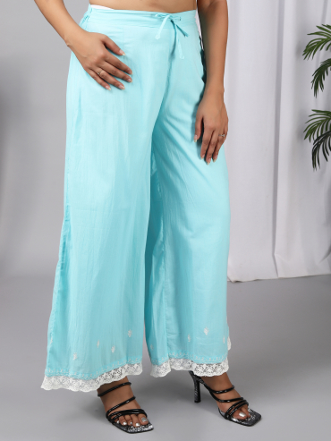 Sky Blue Cotton Palazzo with Aari Embroidery, Lace & Tie-up waist Elasticated