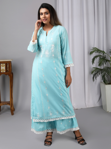 Sky Blue Aari Embroidery Round Neck Cotton kurta , Palazzo & Dupatta Set of 3