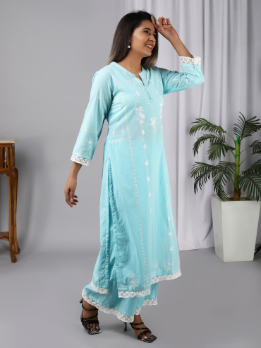 Sky Blue Aari Embroidery Round Neck Cotton kurta