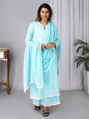 Sky Blue Aari Embroidery Round Neck Cotton kurta , Palazzo & Dupatta Set of 3