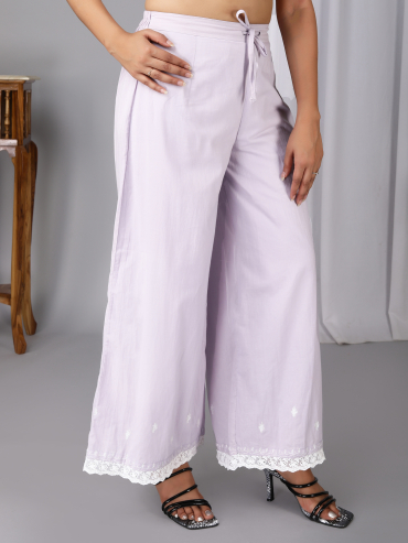 Purple Cotton Palazzo with Aari Embroidery, Lace & Tie-up waist Elasticated