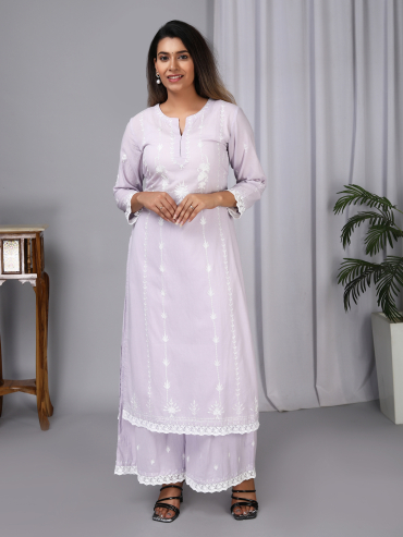 Purple Aari Embroidery Round Neck Cotton kurta , Palazzo & Dupatta Set of 3