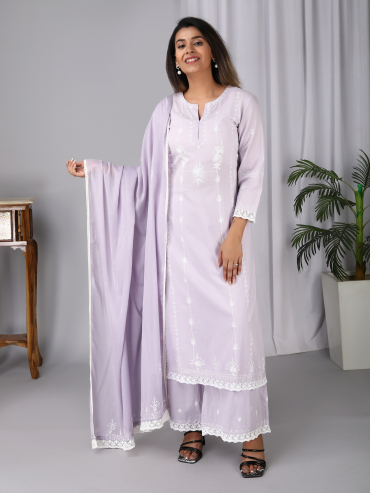 Purple Aari Embroidery Round Neck Cotton kurta , Palazzo & Dupatta Set of 3