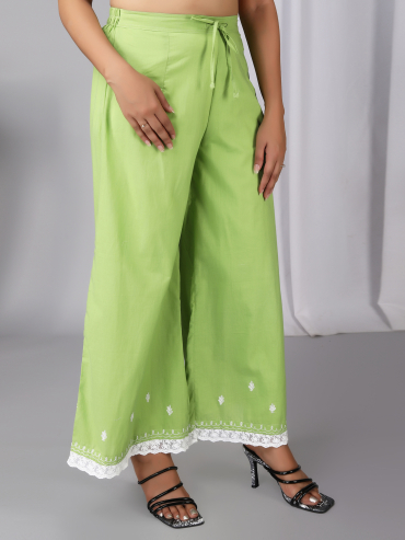 Green Cotton Palazzo with Aari Embroidery, Lace & Tie-up waist Elasticated