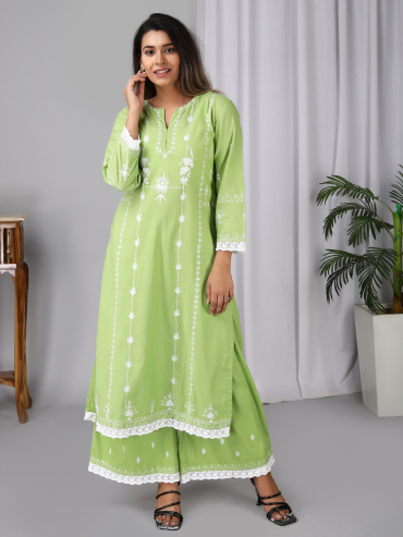 Green Aari Embroidery Round Neck Cotton kurta , Palazzo & Dupatta Set of 3