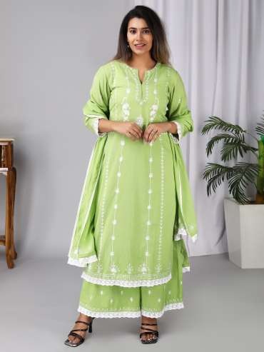 Green Aari Embroidery Round Neck Cotton kurta , Palazzo & Dupatta Set of 3