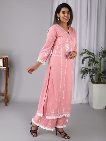 Pink Aari Embroidery Round Neck Cotton kurta