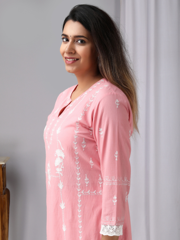 Pink Aari Embroidery Round Neck Cotton kurta , Palazzo & Dupatta Set of 3