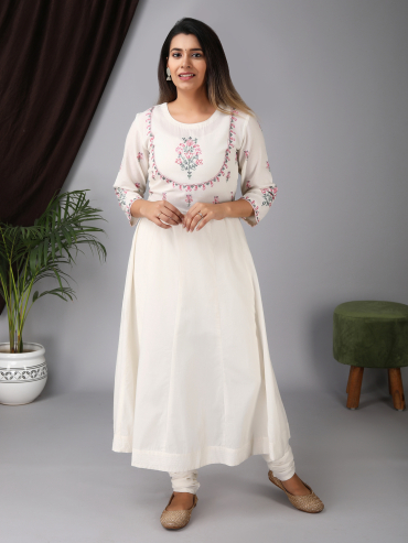 Cotton Anarkali kurta with pink aari embroidery, Churidar & Dupatta Set of 3