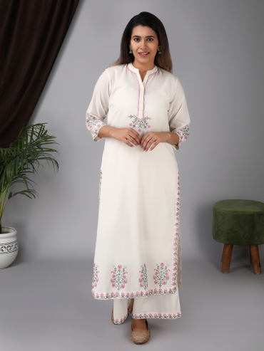 Chinese Collar front placket pink Aari embroidery cotton kurta