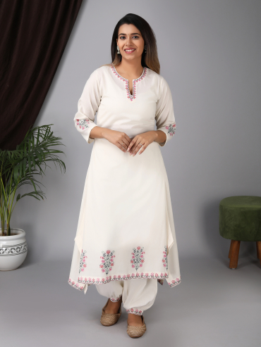 Round Neck front Slit Asymmetric Cotton Kurta with Pink Aari Embroidery, Pant & Dupatta Set of 3