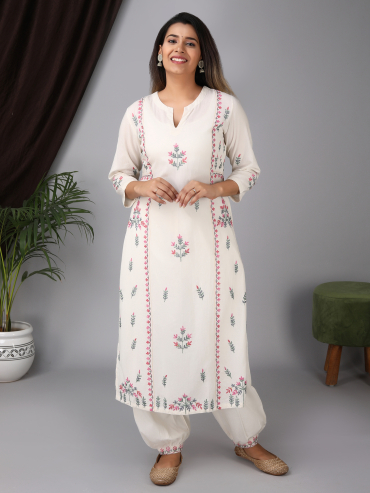 Round Neck Pink Aari Embroidery Cotton Kurta, Pant & Dupatta Set of 3