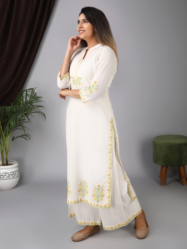 Chinese Collar front placket Yellow Aari embroidery cotton kurta