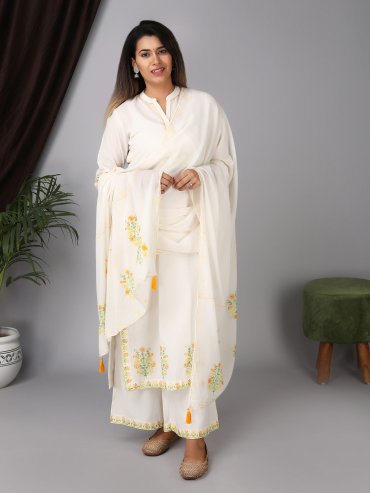 Chinese Collar front placket Yellow Aari embroidery cotton kurta, Palazzo & Dupatta Set of 3