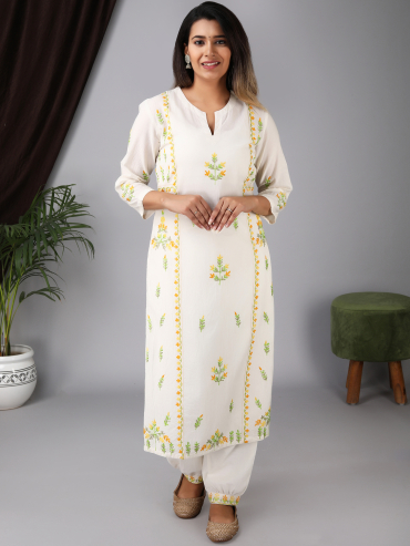 Round Neck Yellow Aari Embroidery Cotton Kurta, Pant & Dupatta Set of 3