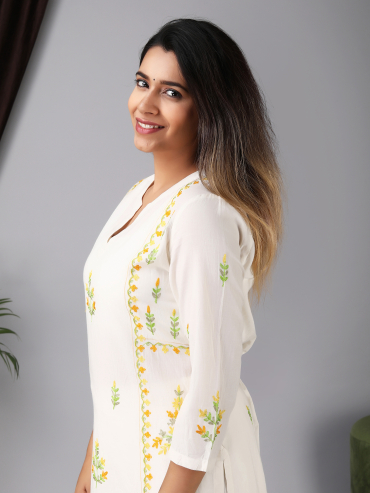 Round Neck Yellow Aari Embroidery Cotton Kurta