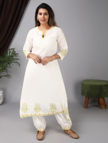 Round Neck front Slit Asymmetric Cotton Kurta with Yellow Aari Embroidery, Pant & Dupatta Set of 3