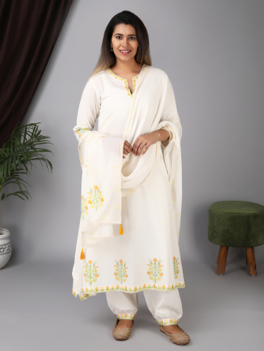 Round Neck front Slit Asymmetric Cotton Kurta with Yellow Aari Embroidery, Pant & Dupatta Set of 3