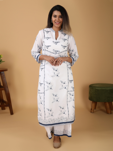 White Blue Printed Cotton Kurta with Front Slit and Collar, Palazzo & Dupatta Set of 3