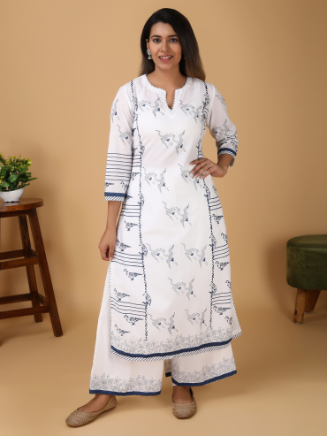 Off-White Yellow Hand Block Printed V-Neck Kurta