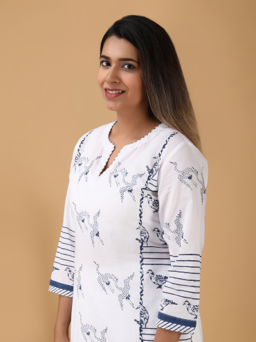 Off-White Yellow Hand Block Printed V-Neck Kurta