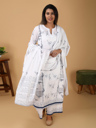 White blue printed Cotton Dupatta