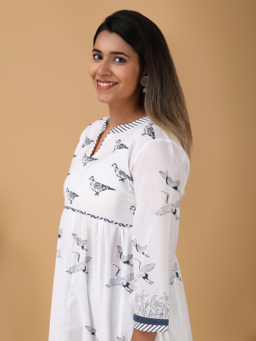 White Blue Printed Cotton Anarkali Kurta