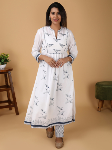 White Blue Printed Cotton front Yoke Kuta, Pant & Dupatta Set of 3