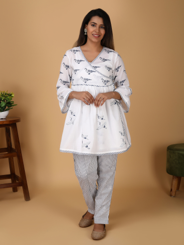 White Blue bird printed cotton Angrakha Top, Pant Set of 2