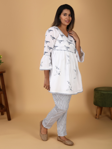 White Blue Bird printed cotton Angrakha Top